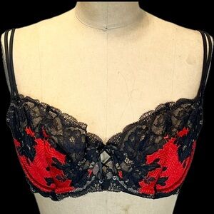 Victoria’s Secret unlined Demi‎ bra 36C black red lace sexy lingerie boudoir